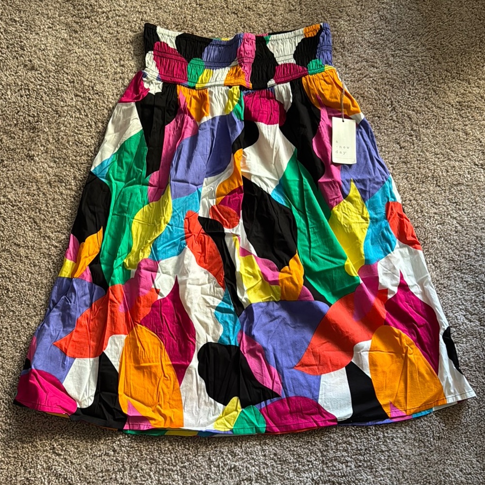 A New Day Orange and Blue Midi A-Line Skirt